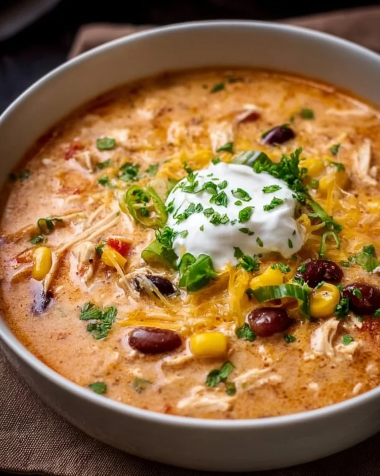 Bowl of creamy chicken taco soup garnished with cilantro and tortilla strips