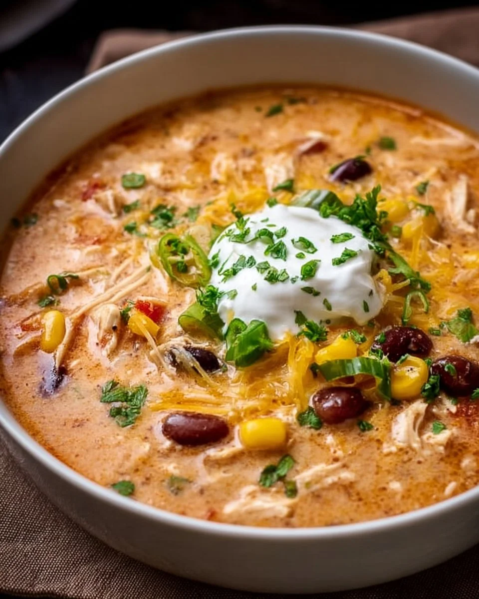 Bowl of creamy chicken taco soup garnished with cilantro and tortilla strips