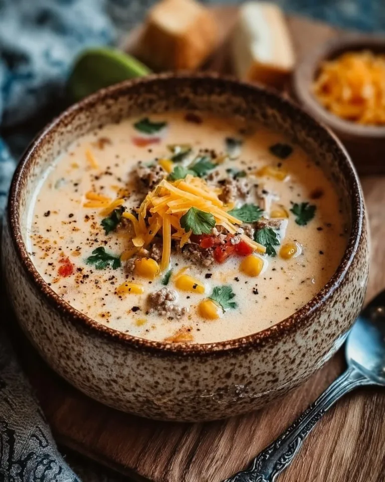Bowl of creamy cowboy soup garnished with fresh herbs and vegetables