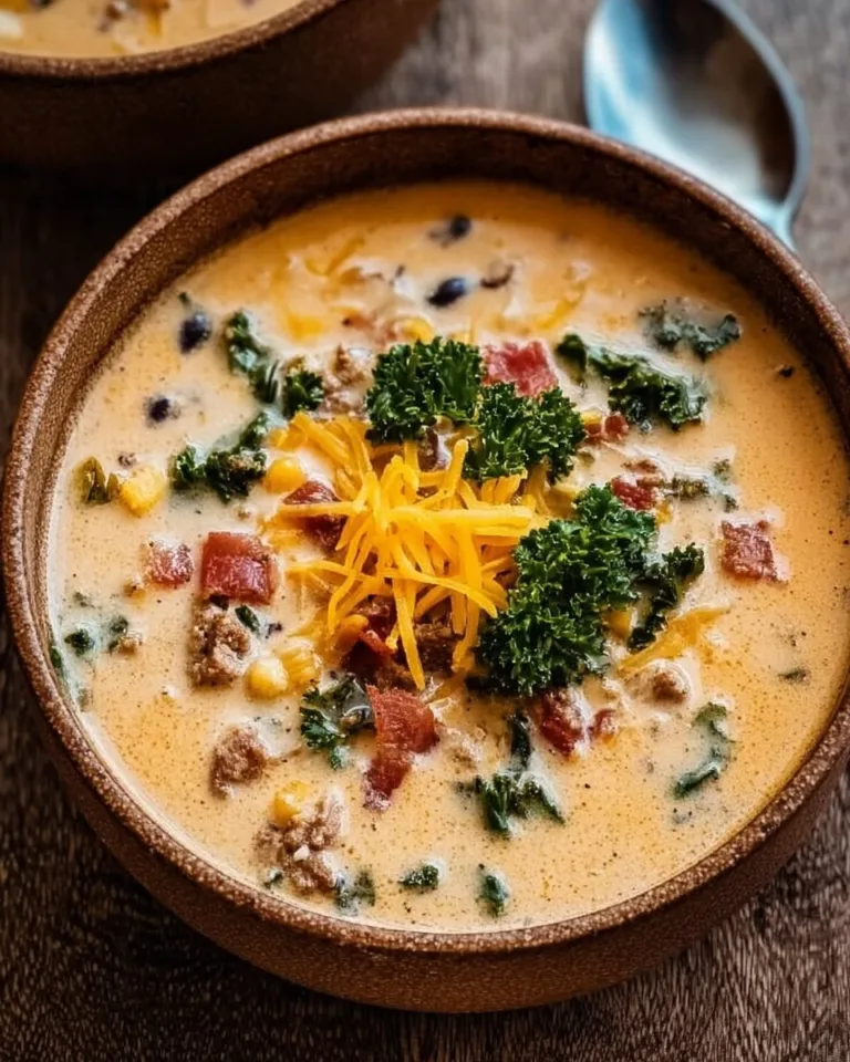 Bowl of creamy cowboy soup with ground beef and vegetables