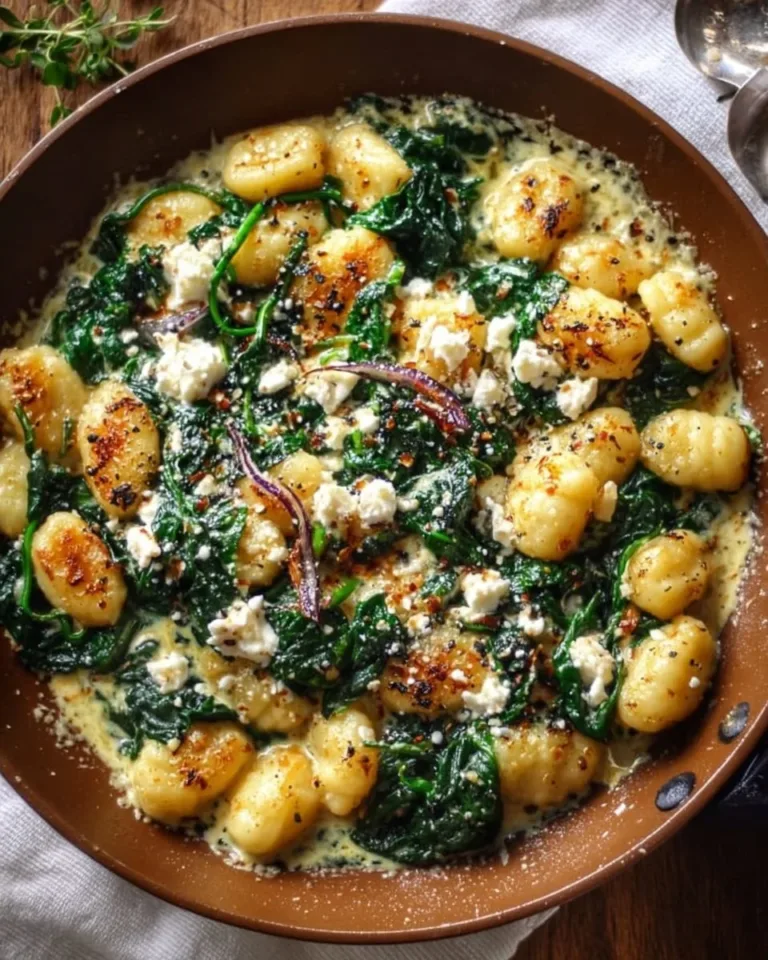 Creamy gnocchi with spinach and feta served in a bowl