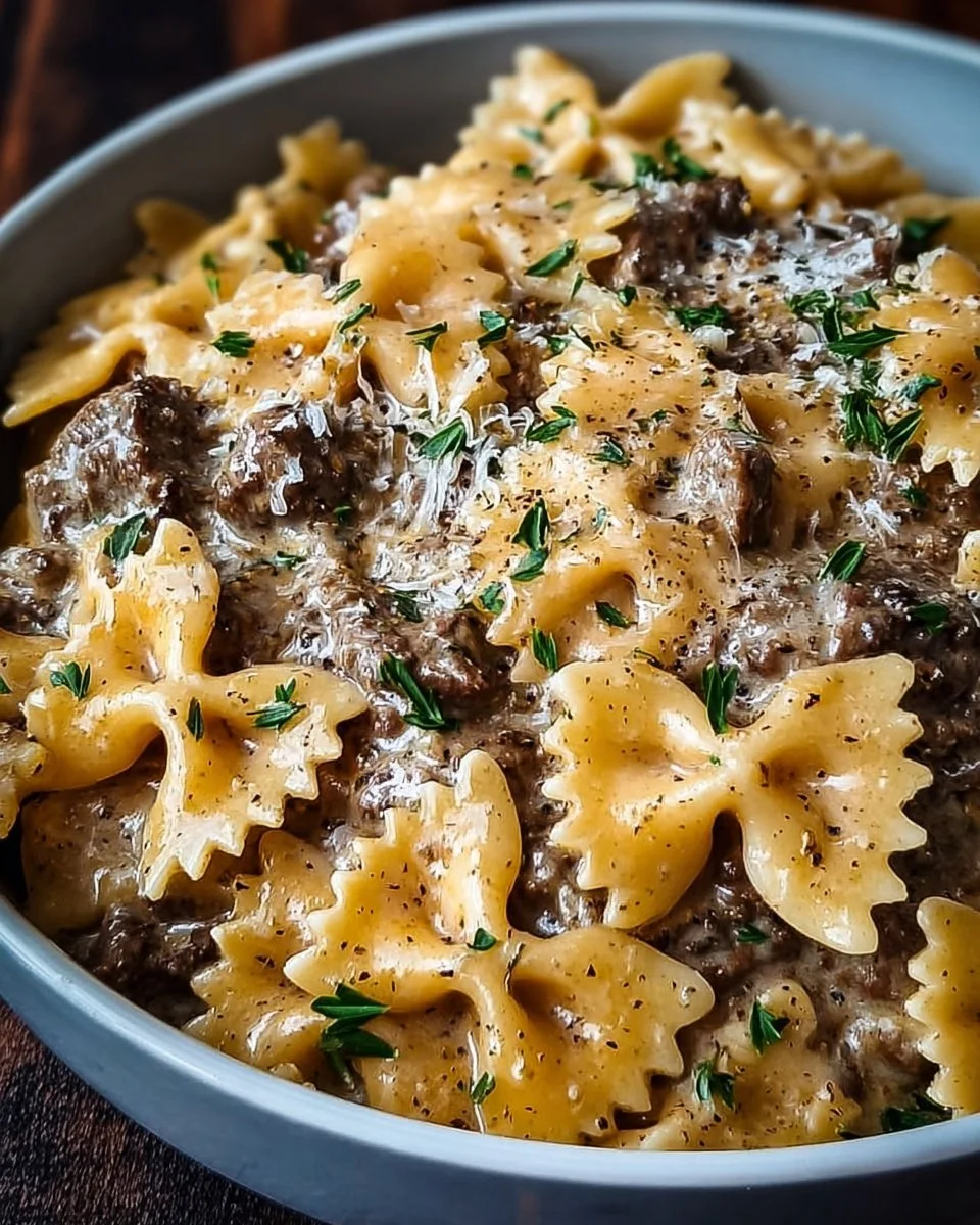 Creamy Parmesan Garlic Beef Bowtie Pasta