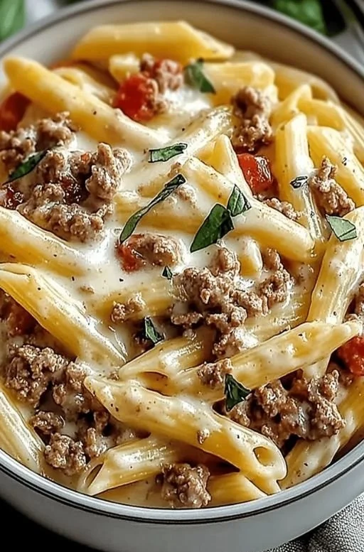 Delicious creamy Rotel Pasta with beef served in a bowl