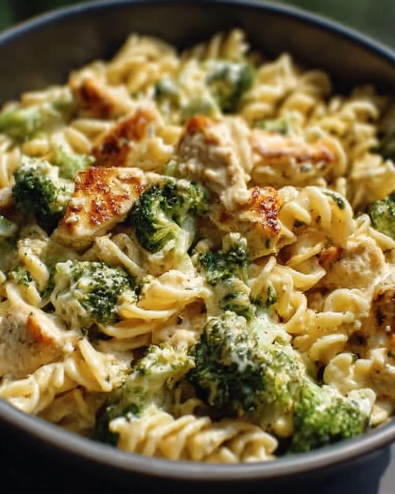 Creamy rotisserie chicken broccoli pasta in a bowl ready to serve.