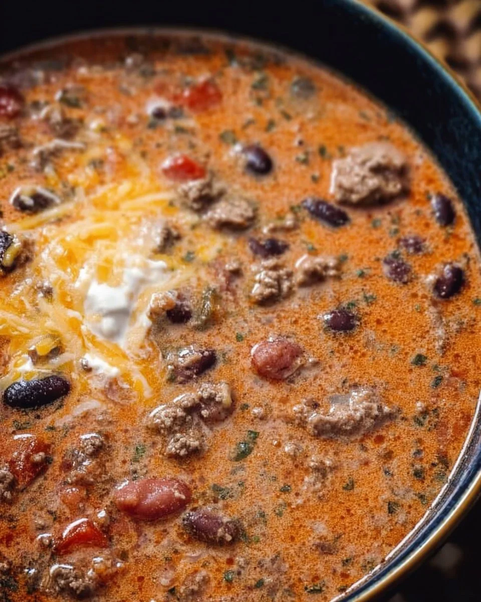 Creamy taco soup garnished with toppings in a bowl