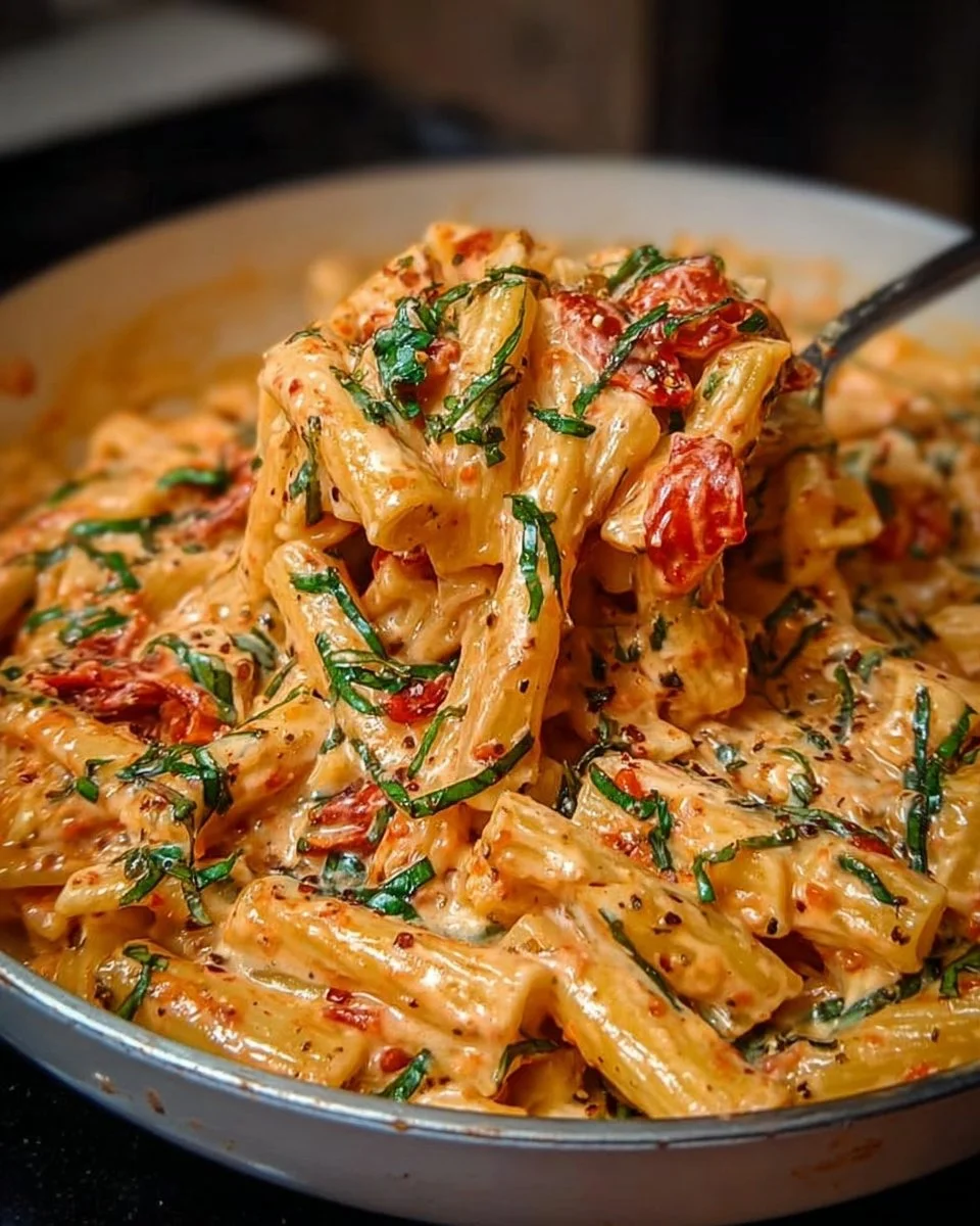 Creamy tomato garlic pasta served in a bowl with fresh herbs for garnish