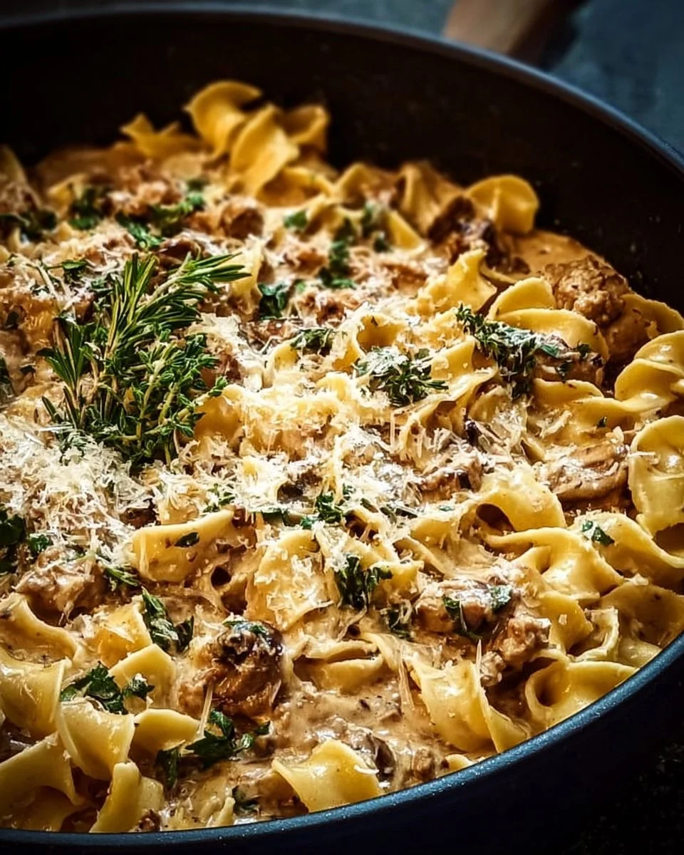 Creamy Turkey Stroganoff served with pasta and garnished with parsley