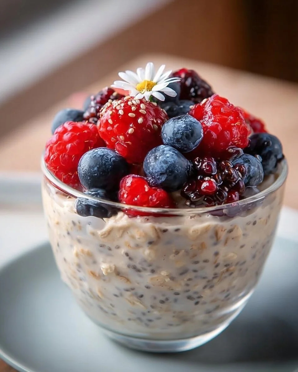 Bowl of creamy vegan overnight oats topped with chia seeds and fruits