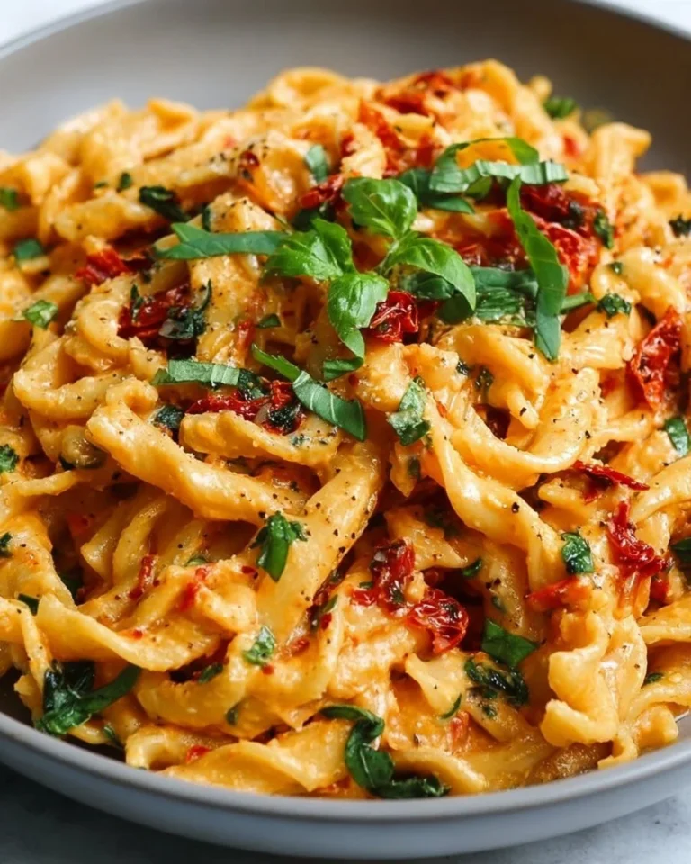 Creamy vegan sun-dried tomato pasta served in a bowl garnished with basil.