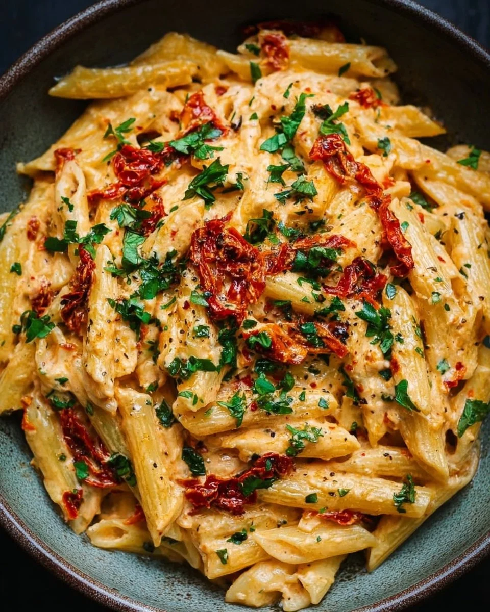 Creamy vegan sun-dried tomato pasta in a bowl with fresh herbs