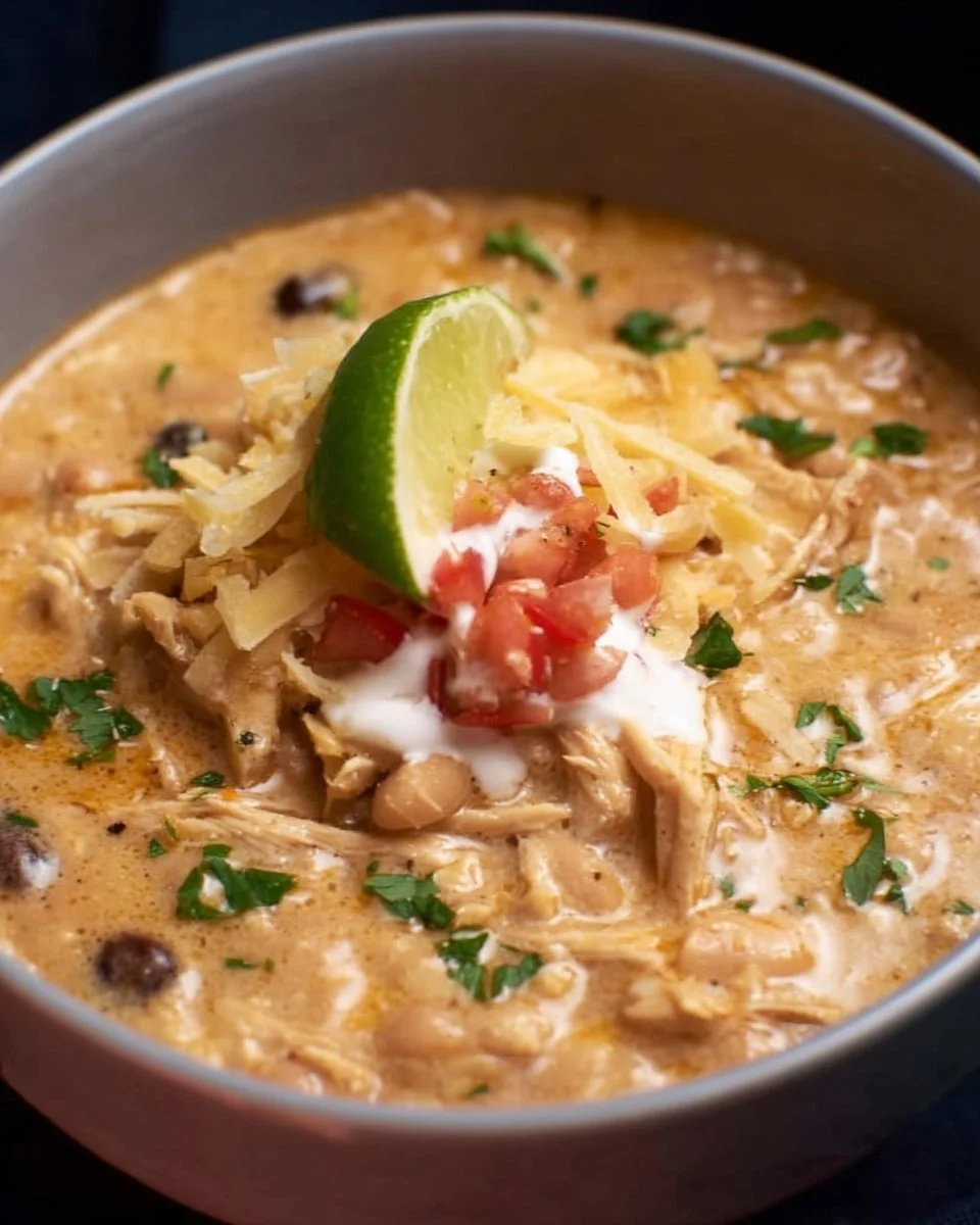 Bowl of creamy white chicken chili topped with cilantro and lime
