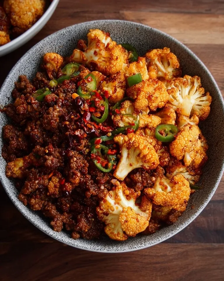 Crispy Chile Ground Beef served with roasted cauliflower for a healthy meal.