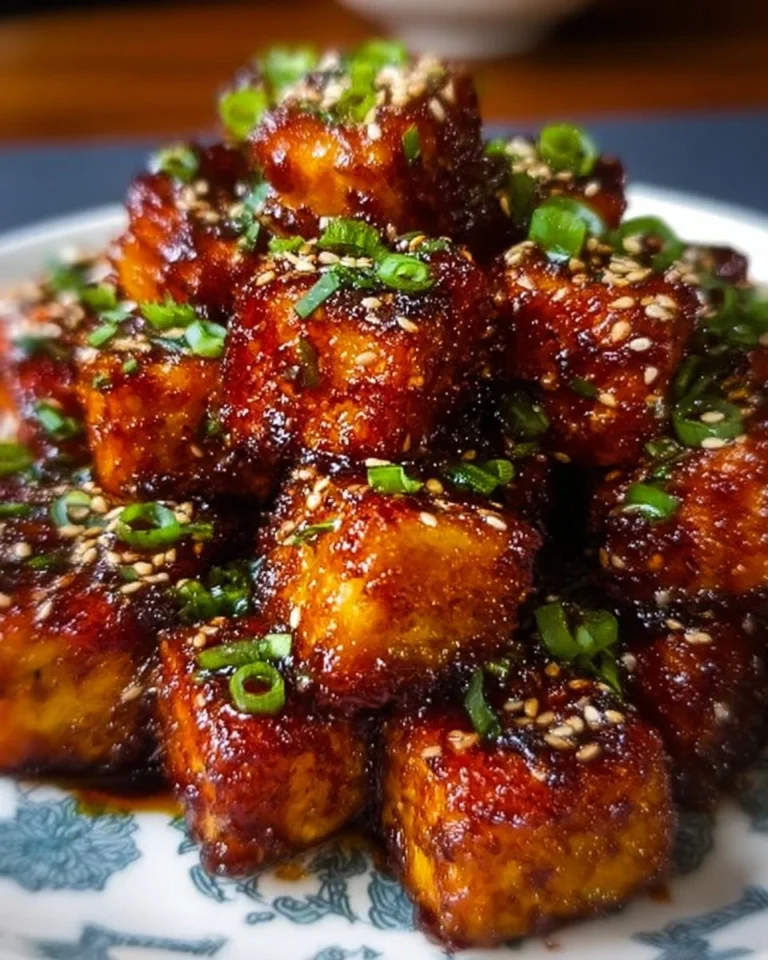 Plate of crispy honey garlic tofu garnished with green onions