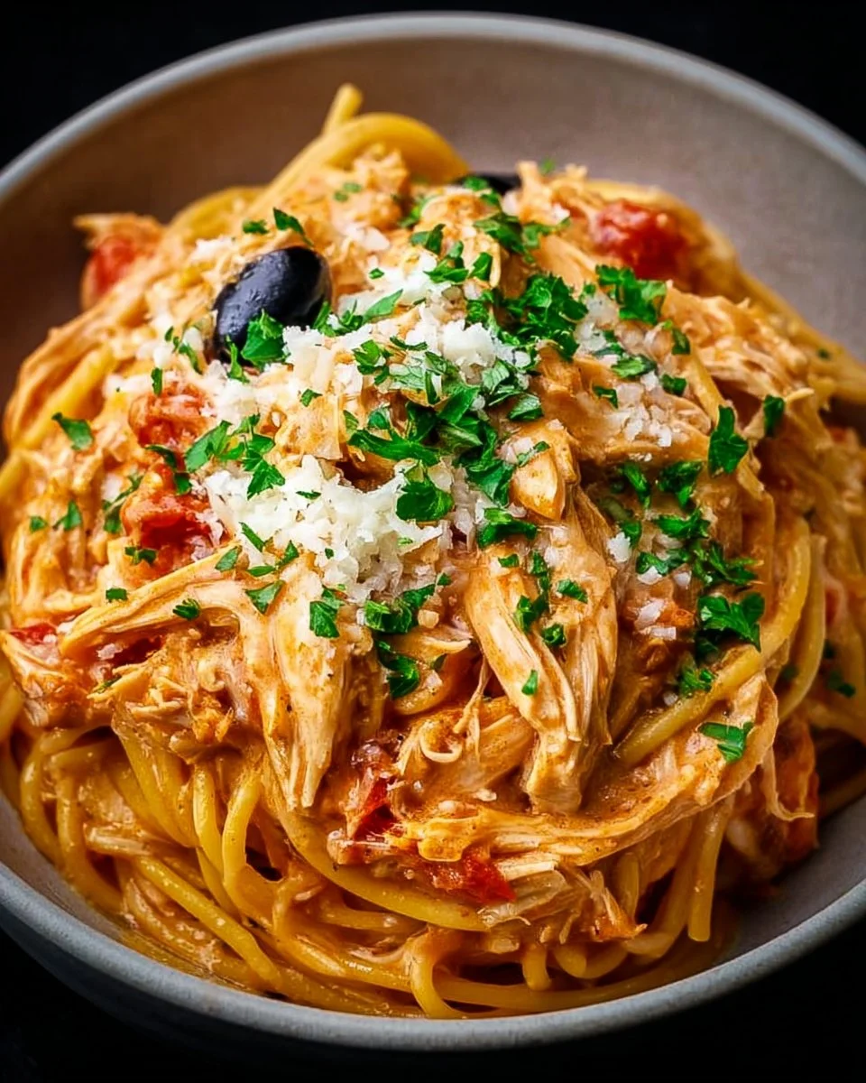 Bowl of hearty Crockpot Chicken Spaghetti ready to serve