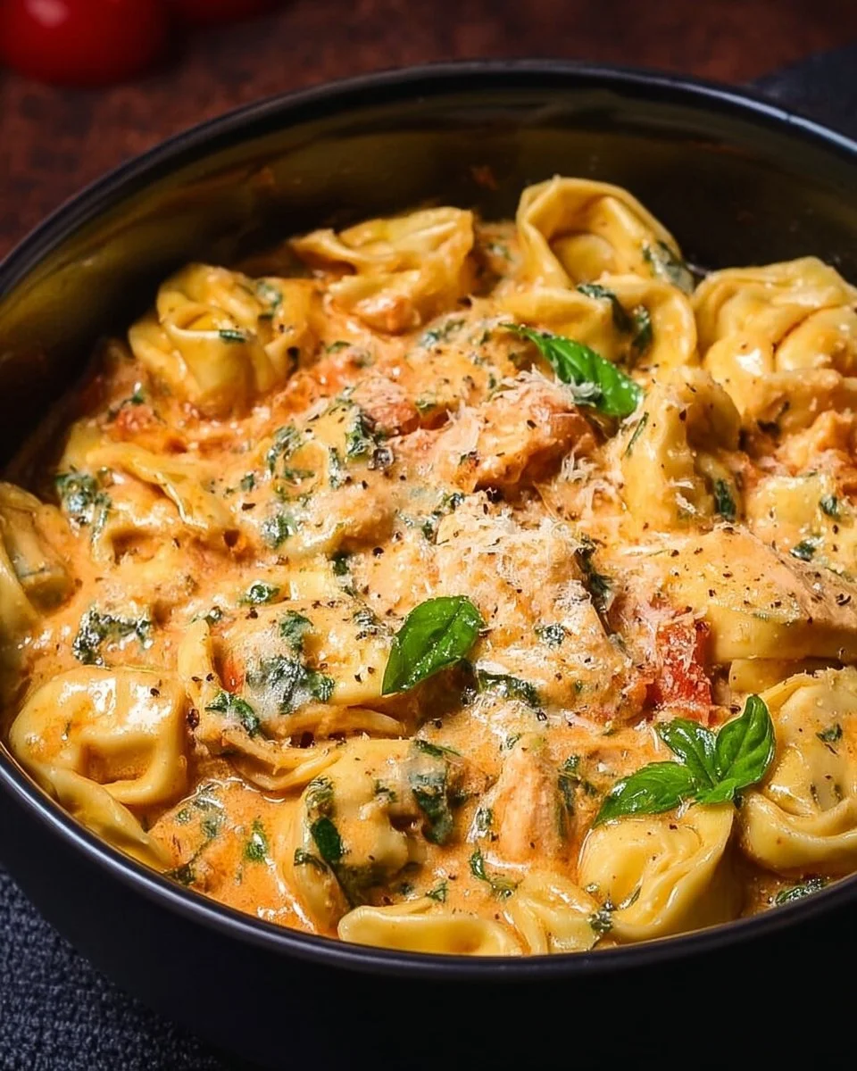 CrockPot Chicken Tortellini dish served in a bowl with herbs