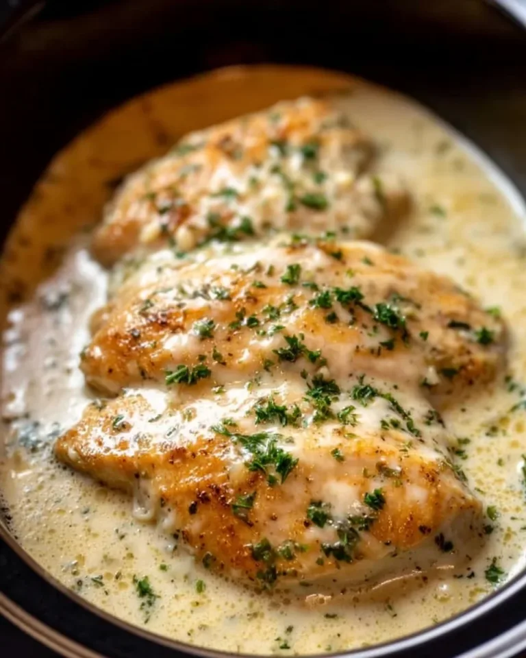 Delicious Crockpot Creamy Garlic Parmesan Chicken served with herbs