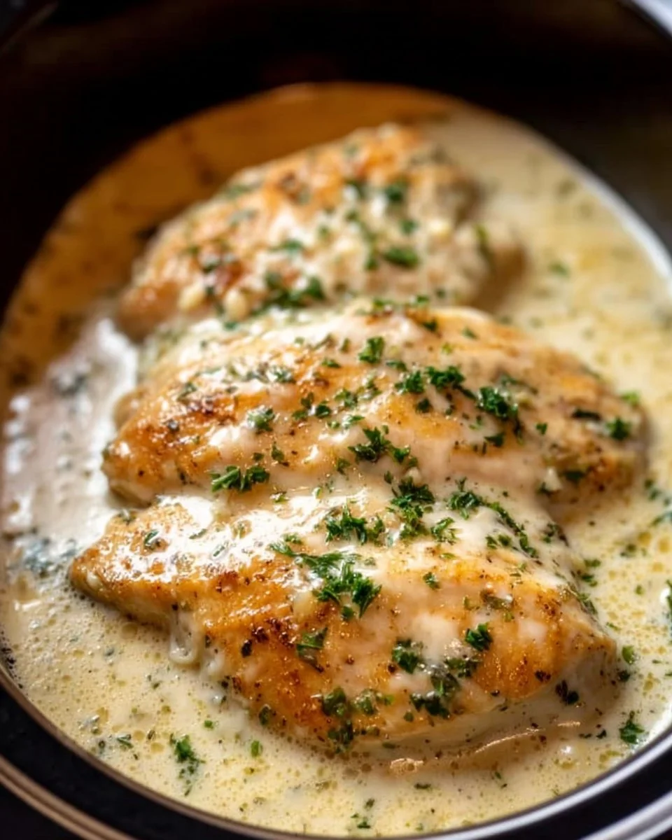 Delicious Crockpot Creamy Garlic Parmesan Chicken served with herbs
