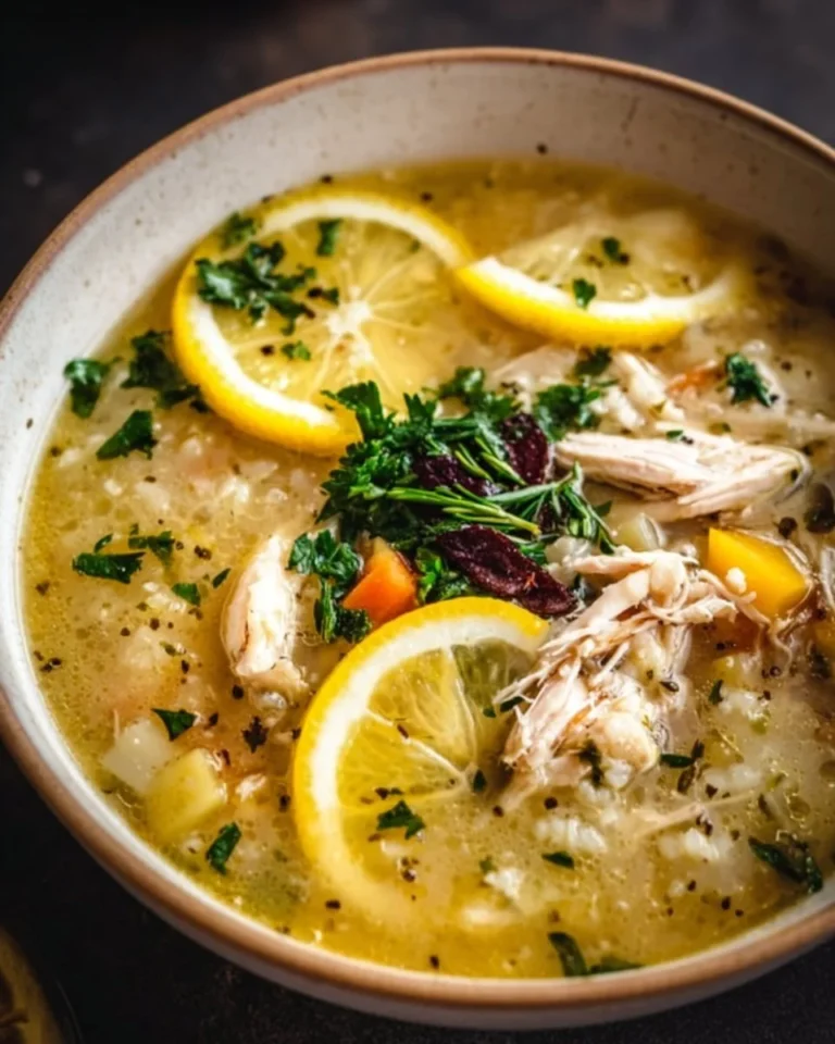 Bowl of Crockpot Lemon Chicken Soup garnished with fresh herbs