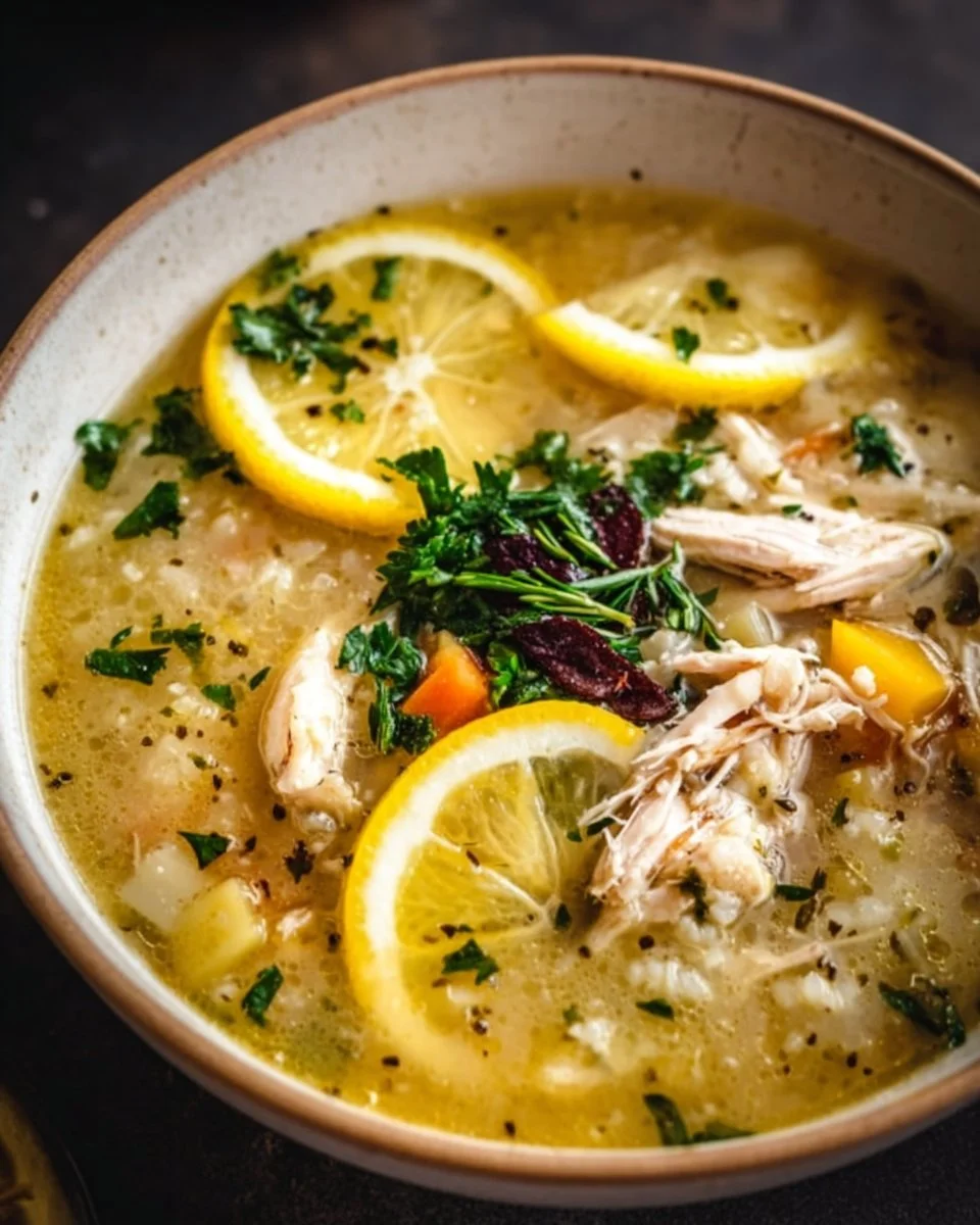 Bowl of Crockpot Lemon Chicken Soup garnished with fresh herbs