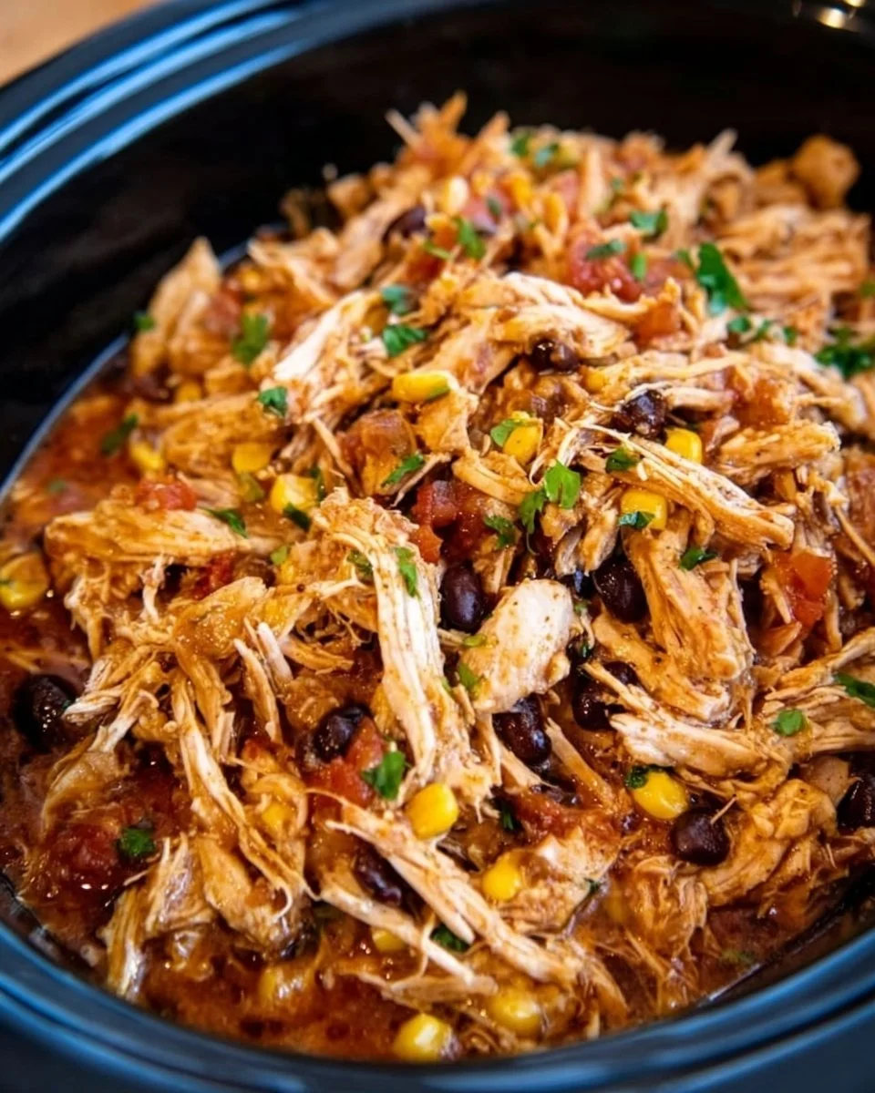 Delicious Crockpot Mexican Chicken served with fresh toppings
