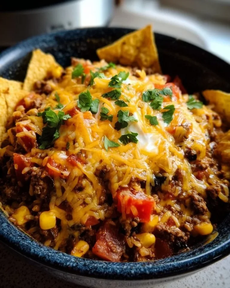 Delicious crockpot taco casserole topped with cheese and served in a bowl