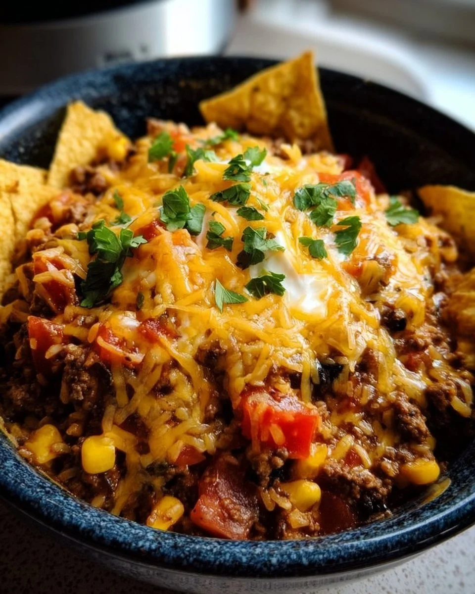 Delicious crockpot taco casserole topped with cheese and served in a bowl