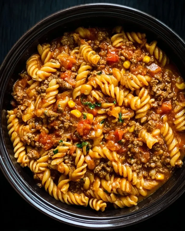 Crockpot Taco Pasta served in a bowl topped with cheese and herbs