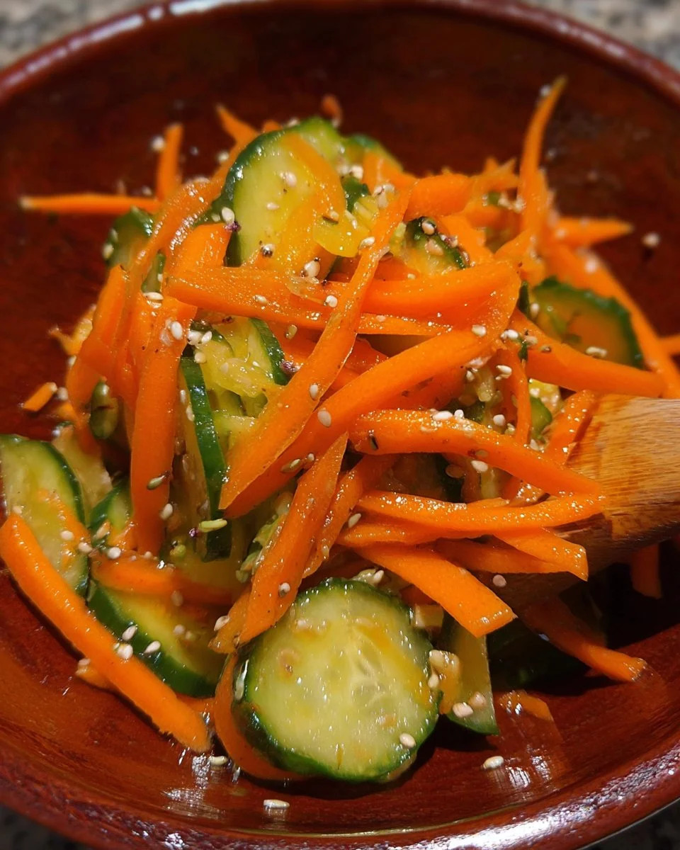 Cucumber Carrot Salad served in a bowl with fresh herbs and dressing.