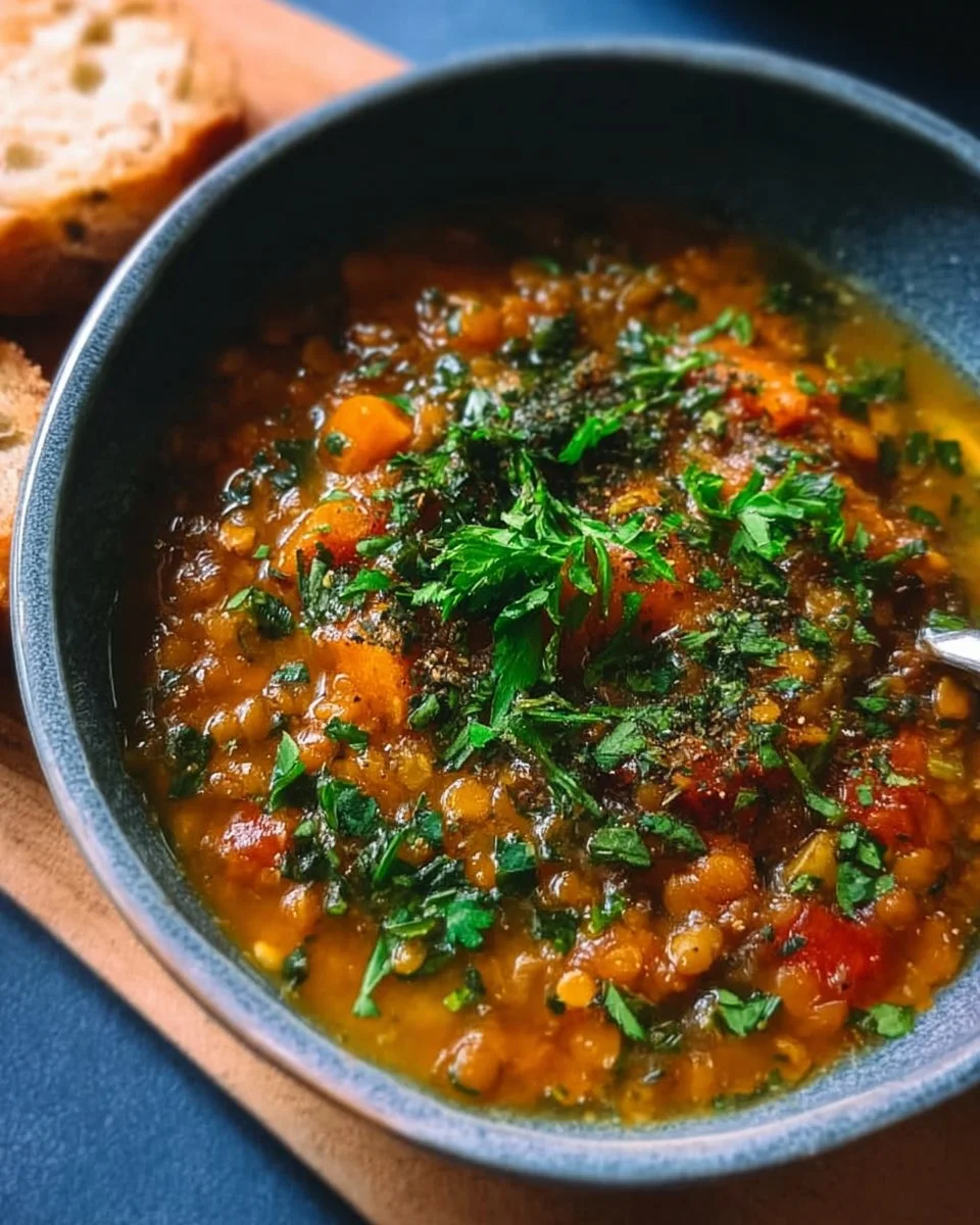 Bowl of delicious vegan lentil soup topped with fresh herbs and spices