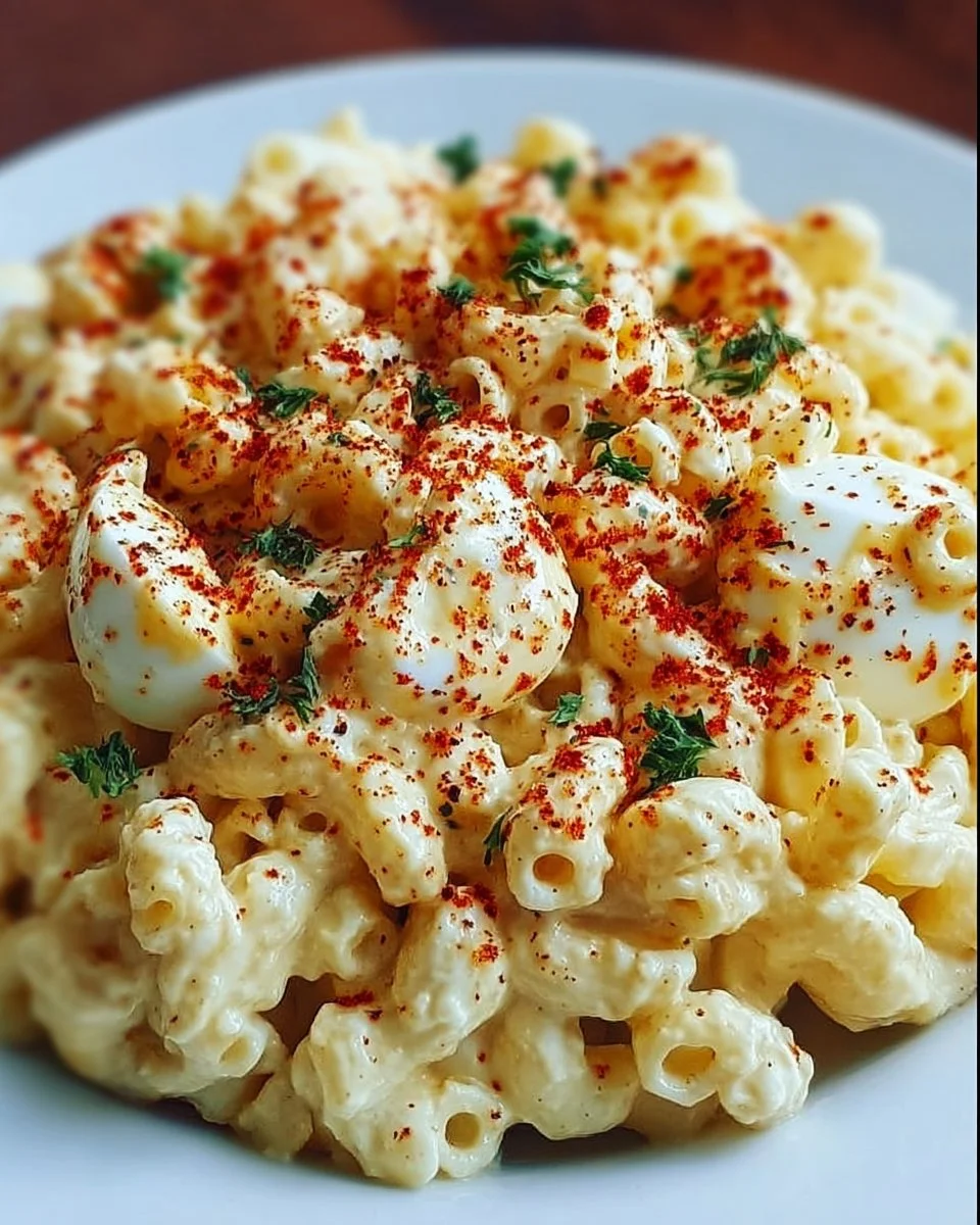 Delicious deviled egg macaroni salad served in a bowl