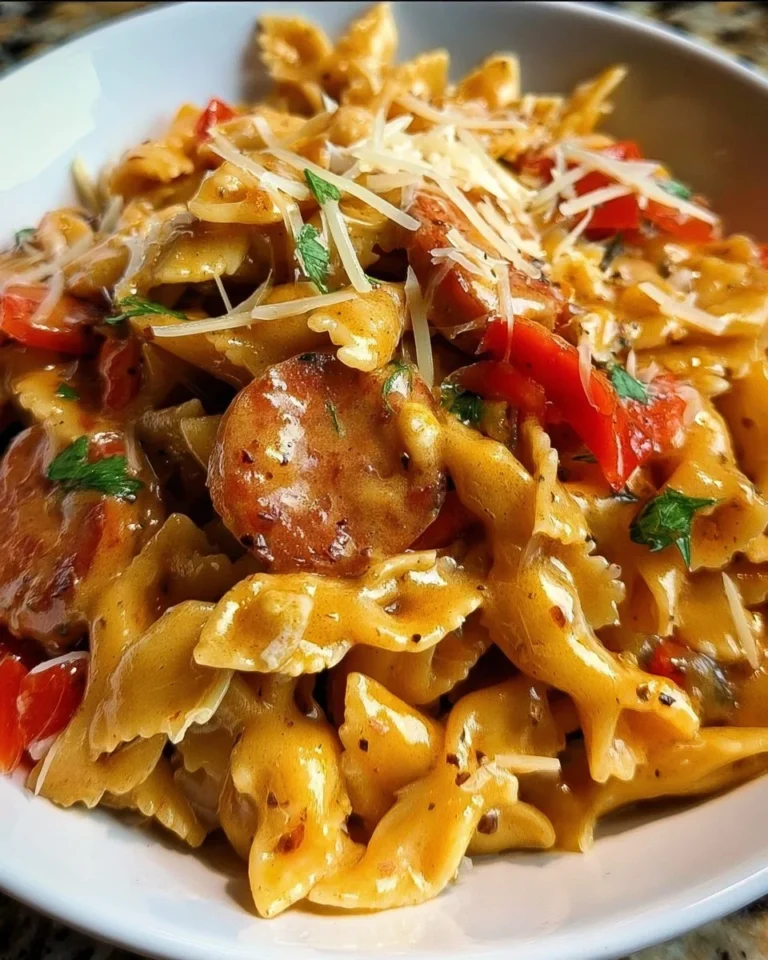 A delicious plate of easy Cajun pasta garnished with herbs and spices