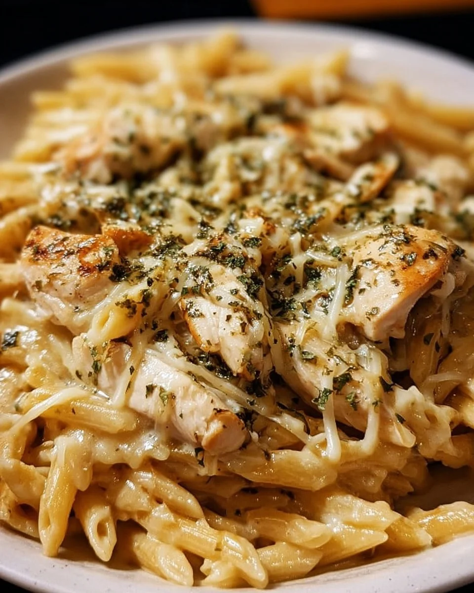 Bowl of creamy garlic parmesan chicken pasta cooked in a crockpot