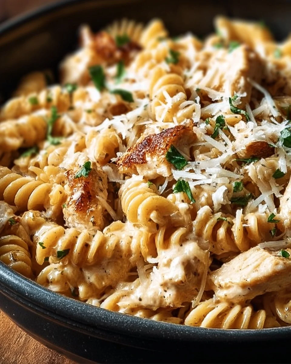 Easy Crockpot Garlic Parmesan Chicken Pasta