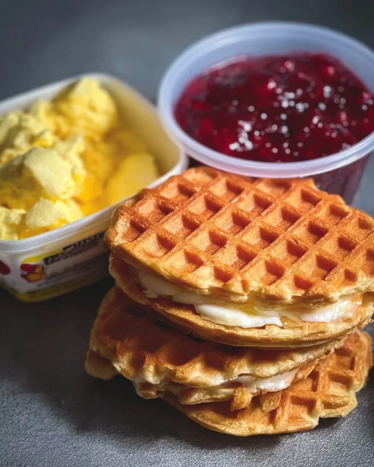 Easy frozen waffle sweet breakfast sandwich made with syrup and fruit