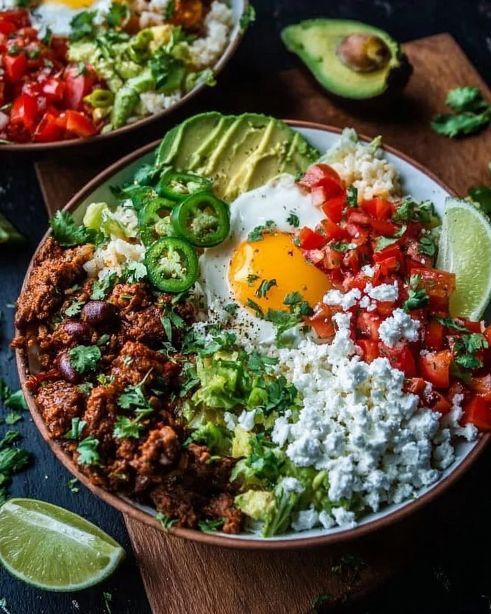 Easy Low Carb Burrito Bowl with protein-rich ingredients for breakfast