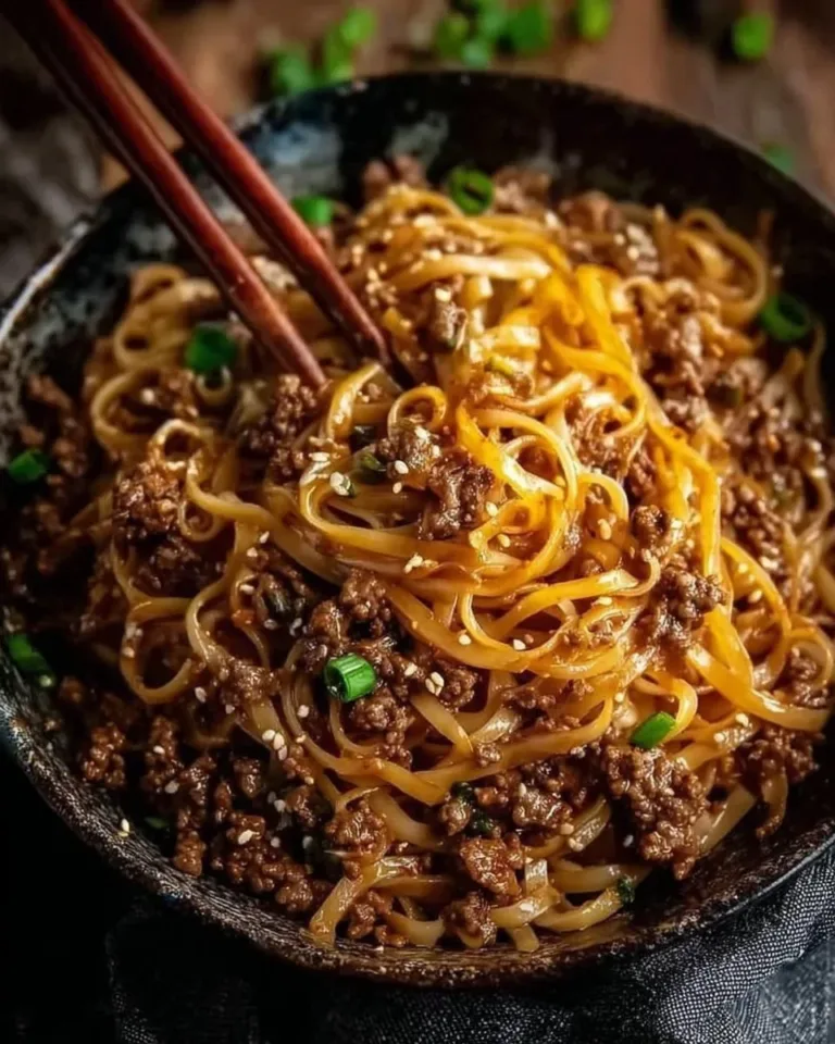 Plate of Mongolian ground beef noodles with colorful vegetables and herbs