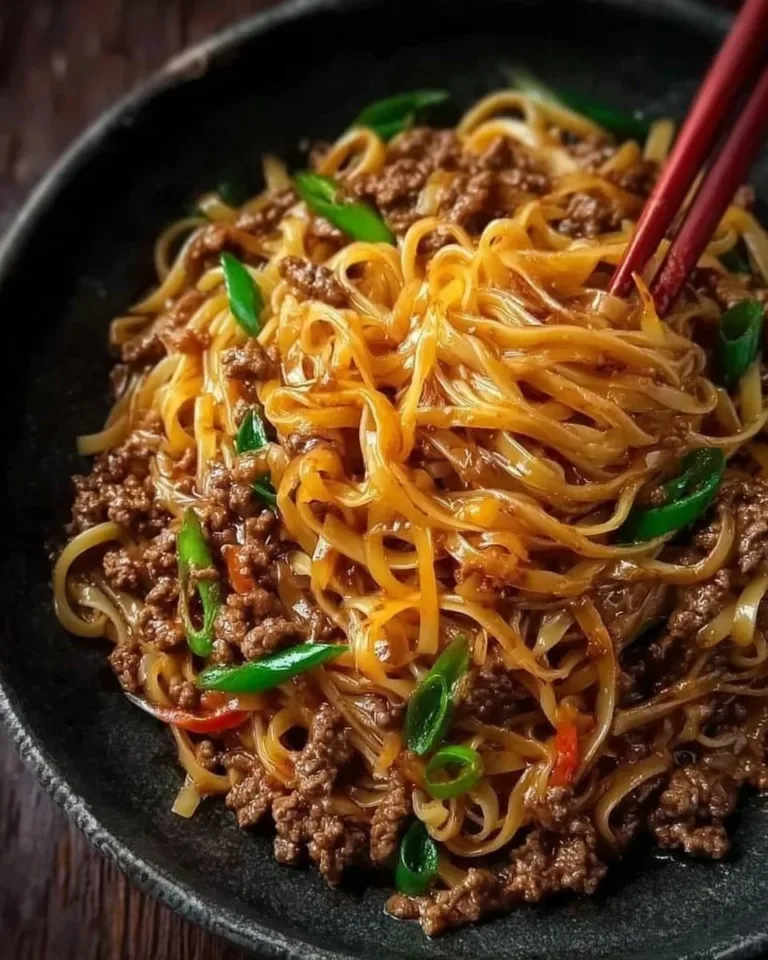 Bowl of easy Mongolian ground beef noodles topped with green onions