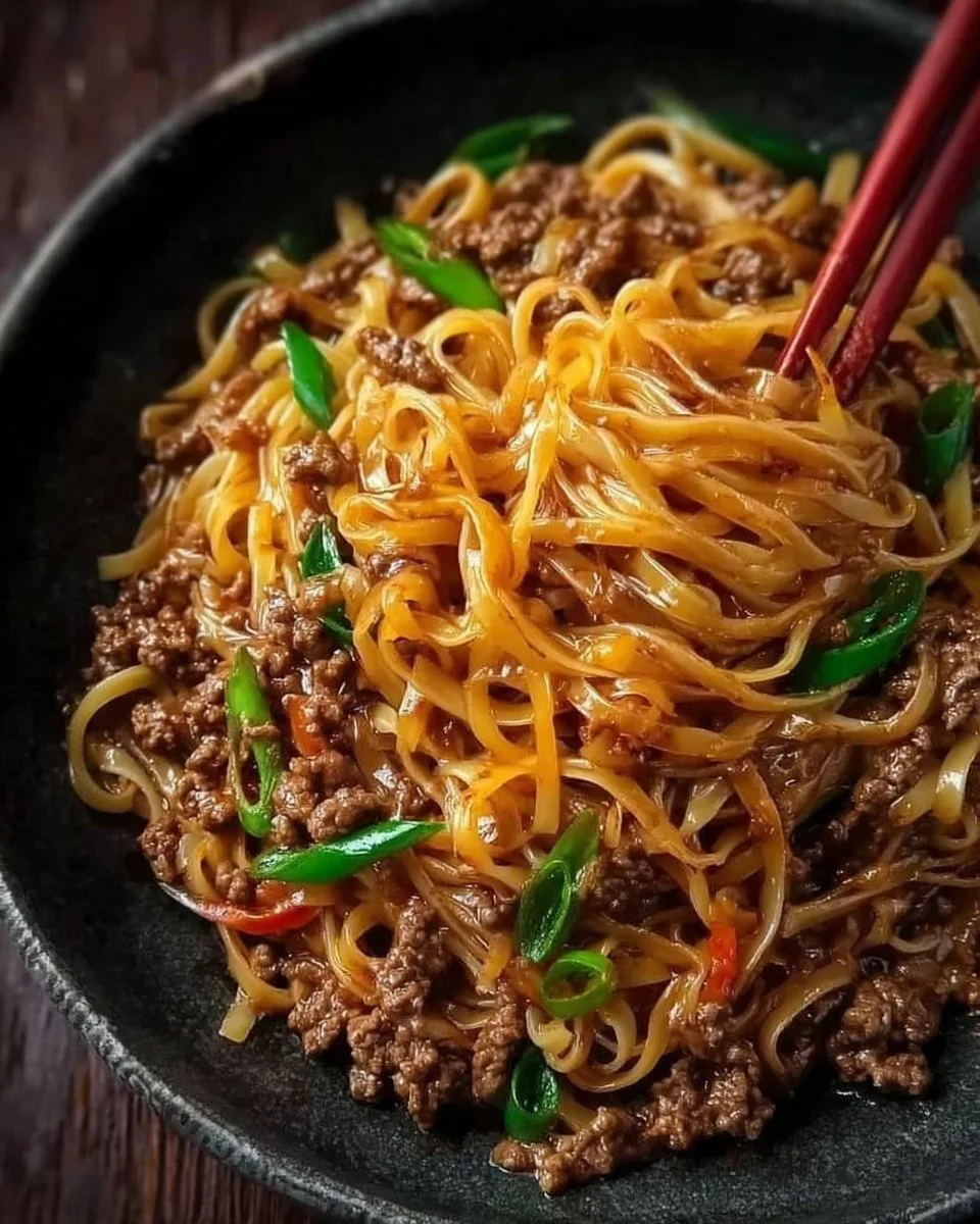 Bowl of easy Mongolian ground beef noodles topped with green onions