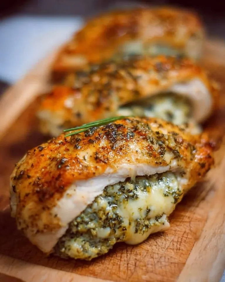 Pesto stuffed chicken breast on a plate garnished with fresh herbs