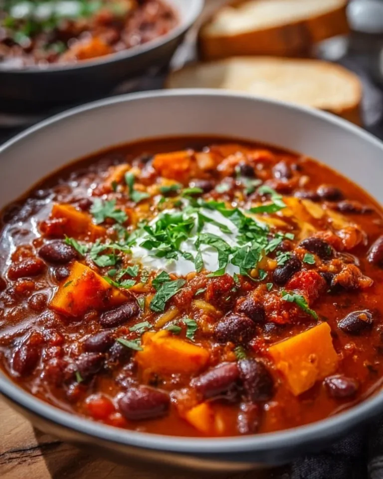 Bowl of Easy Vegetarian Chili topped with fresh herbs and avocado slices.