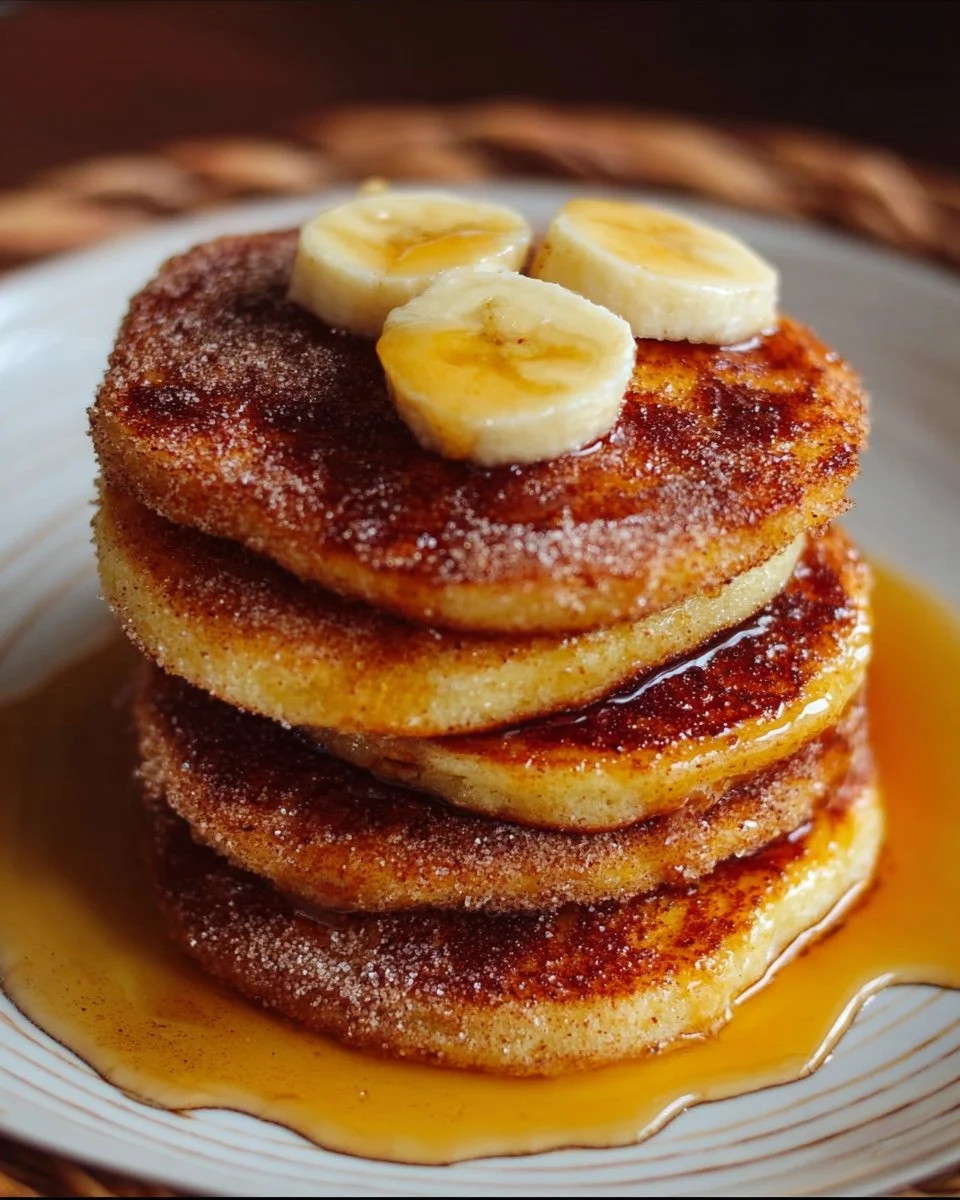 Fluffy churro pancakes topped with cinnamon sugar and drizzled with syrup