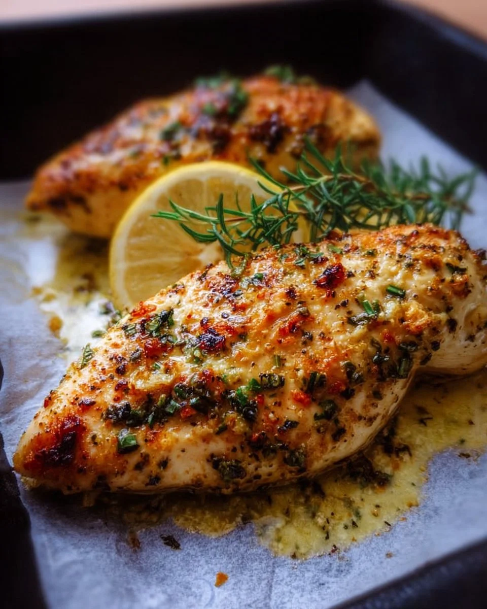 Garlic butter baked chicken breast, juicy and golden, served on a plate with herbs.