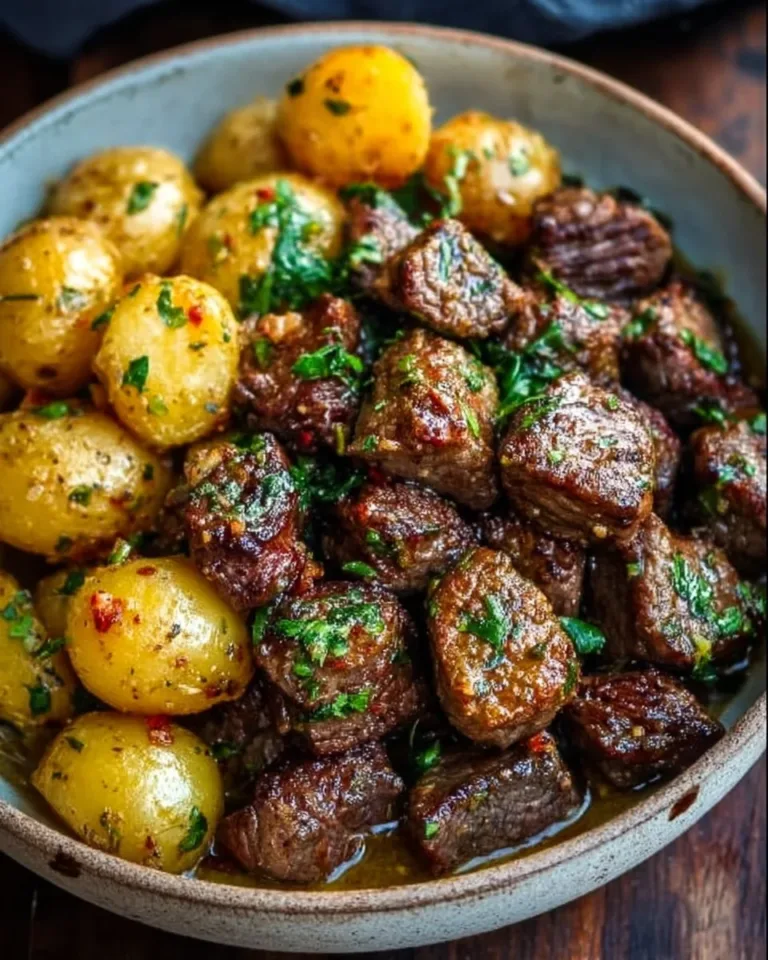 Delicious Garlic Butter Beef Bites served with tender potatoes on a plate