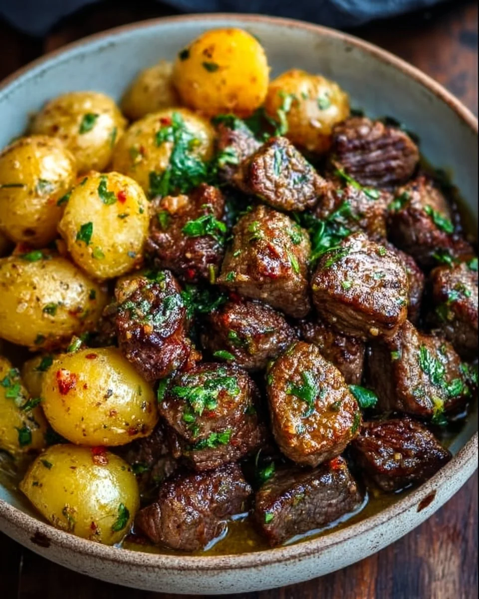 Delicious Garlic Butter Beef Bites served with tender potatoes on a plate