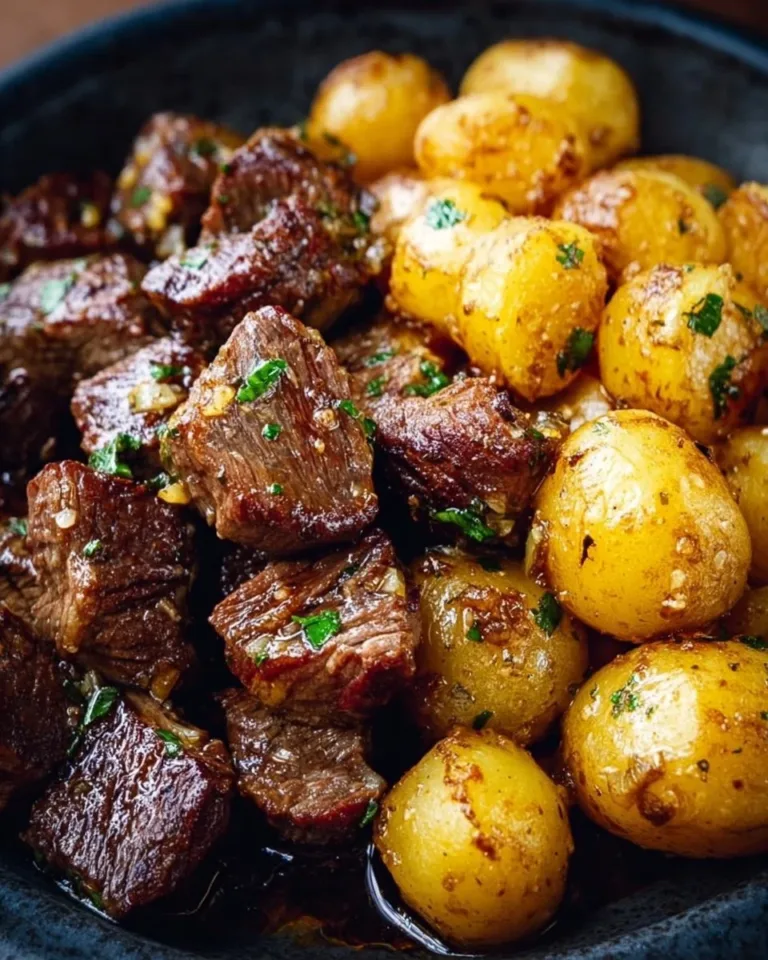 Garlic Butter Beef Bites served with roasted potatoes on a plate.