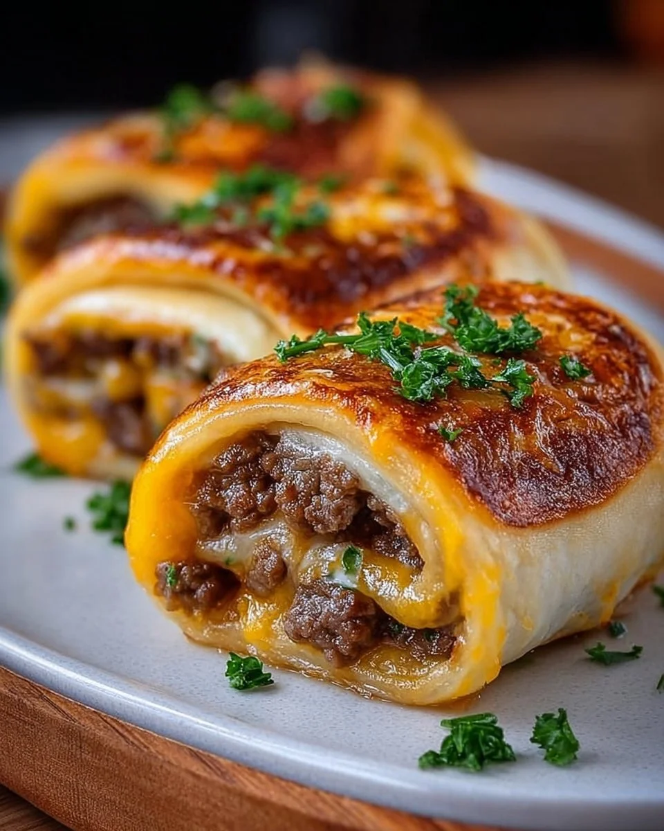 Garlic butter beef cheeseburger rollups on a serving plate