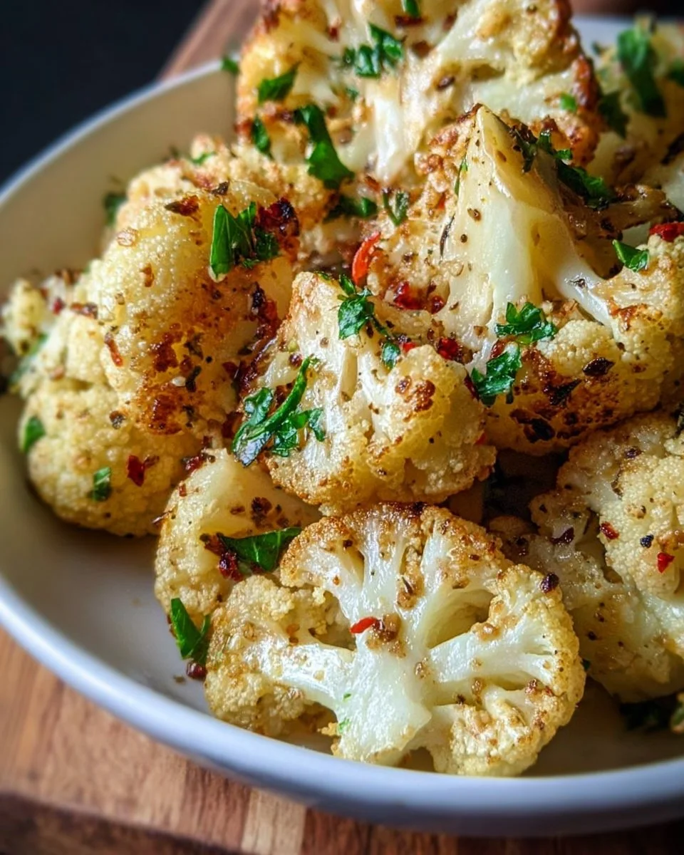 Delicious Garlic Butter Roasted Cauliflower garnished and ready to serve