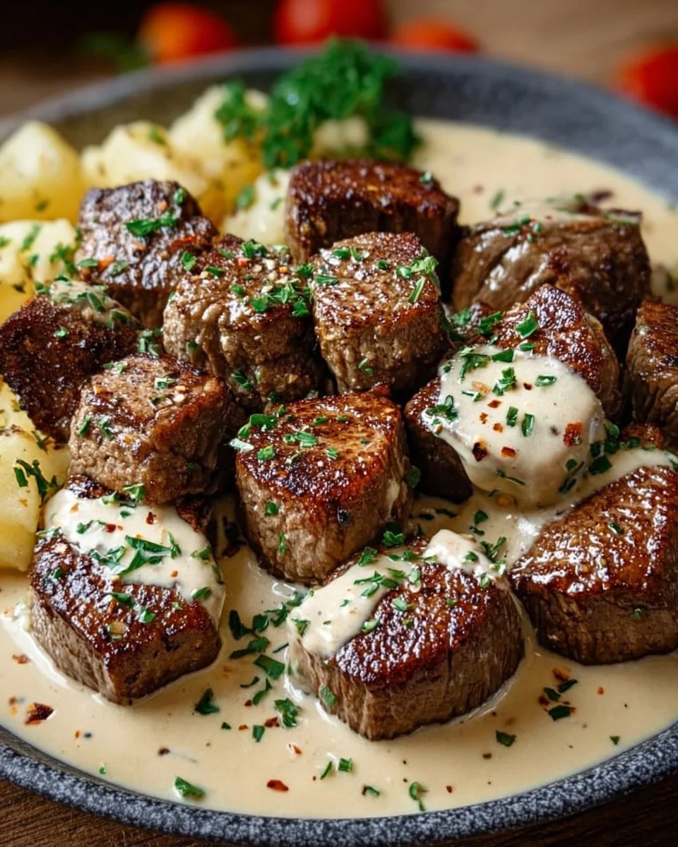 Garlic butter steak bites in rich Parmesan cream sauce