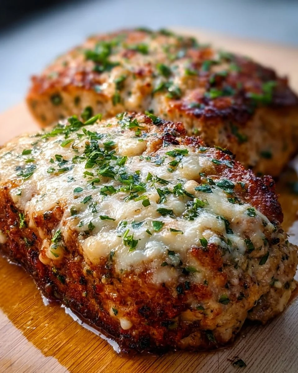 Delicious Garlic Parmesan Chicken Meatloaf served with herbs