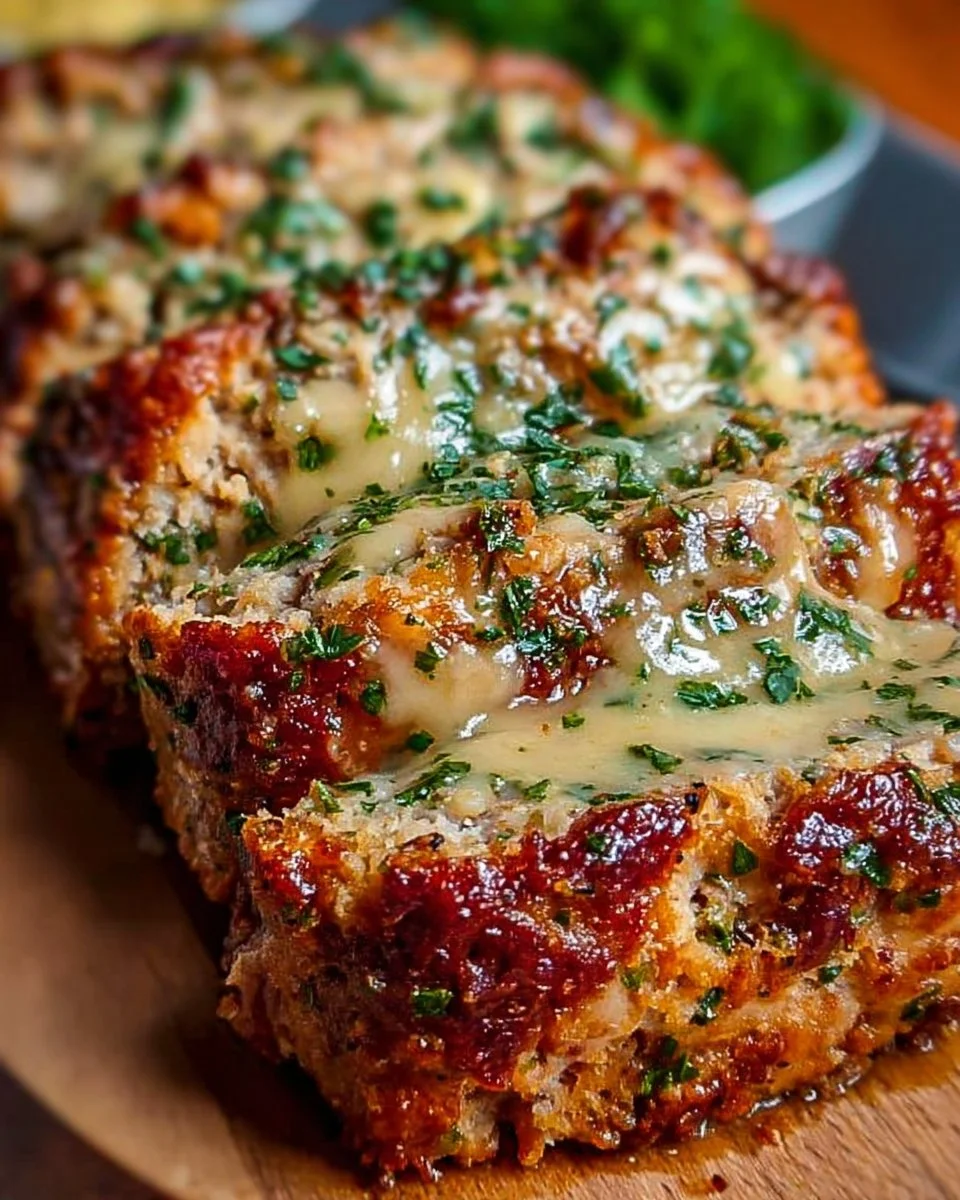 Garlic Parmesan Chicken Meatloaf dish with herbs and spices
